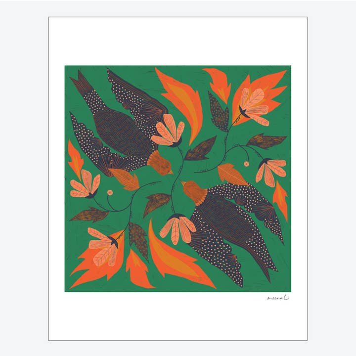 Fire Flowers Bird Art Print for wholesale by Meenal Patel Studio