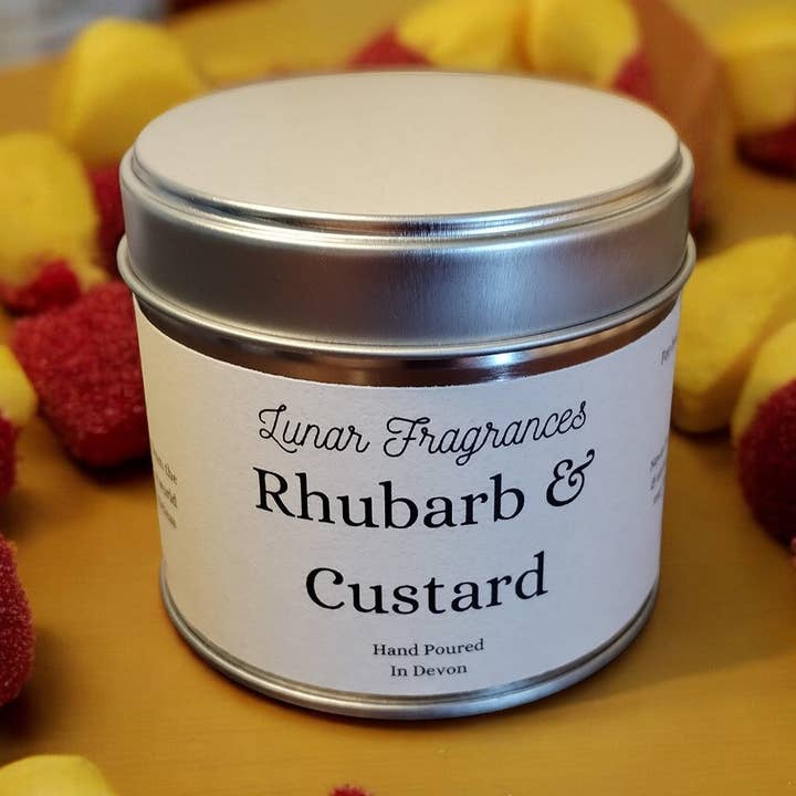 Bougie en boîte en cire de soja Rhubarbe & Crème anglaise pour la vente par Lunar Fragrances