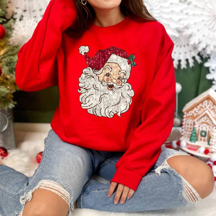 *FAUX SEQUIN SANTA * CHRISTMAS CREWNECK SWEATSHIRT for wholesale by Nu Kustomz LLC -