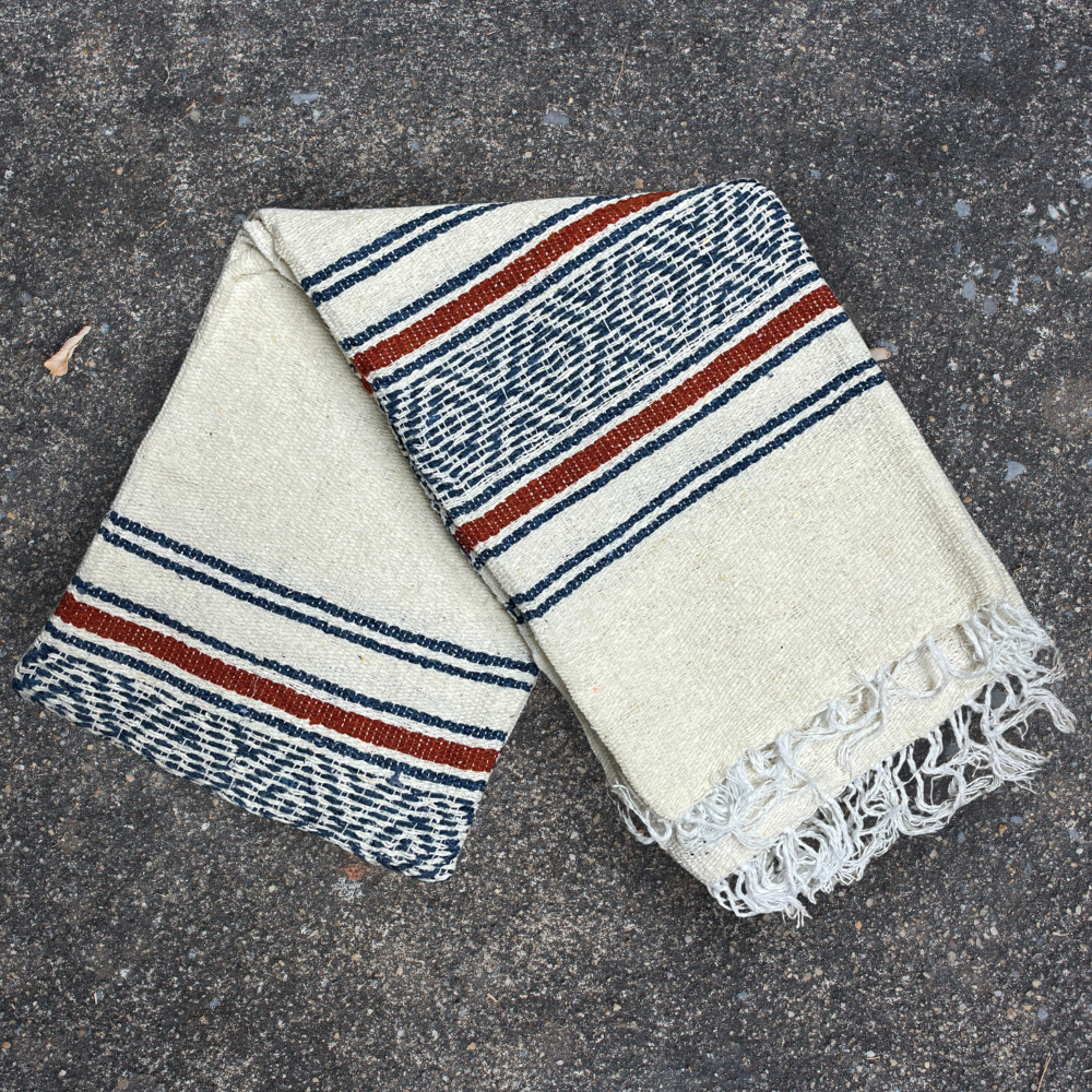 West Path – wholesale Throw blanket – Baja Classic Mexican Blanket - White - Blue 2
