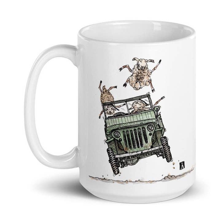 Tazza da caffè con pecore in una jeep per la vendita all'ingrosso da parte di Bellavance Ink