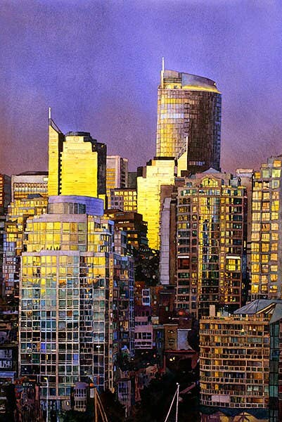 Ryan Fox Fine Art - Vente Affiche d'art - Panorama de Vancouver au coucher du soleil. Art mural à l'aquarelle de Vancouver, impression colorée, impression artistique, peinture giclée, Canada2