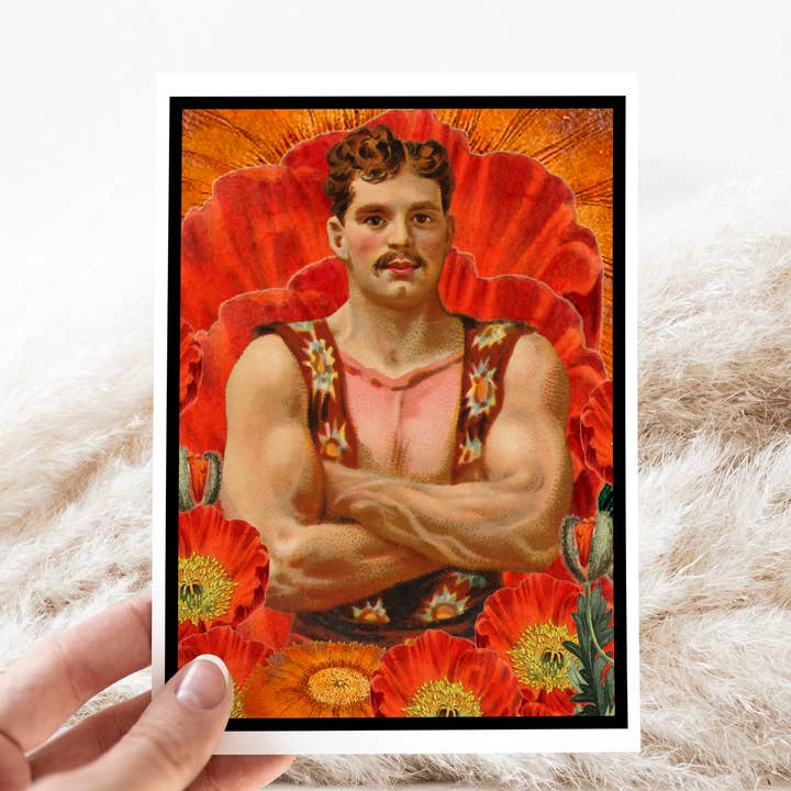 Biglietto d'auguri. Uomo forte con fiori. Stile vintage. per la vendita all'ingrosso da parte di Cheerful Whimsies