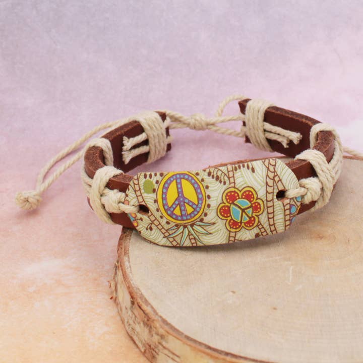 ZAD - Wholesale Woven/braided bracelet - Retro Peace Print Leather Pull Bracelet