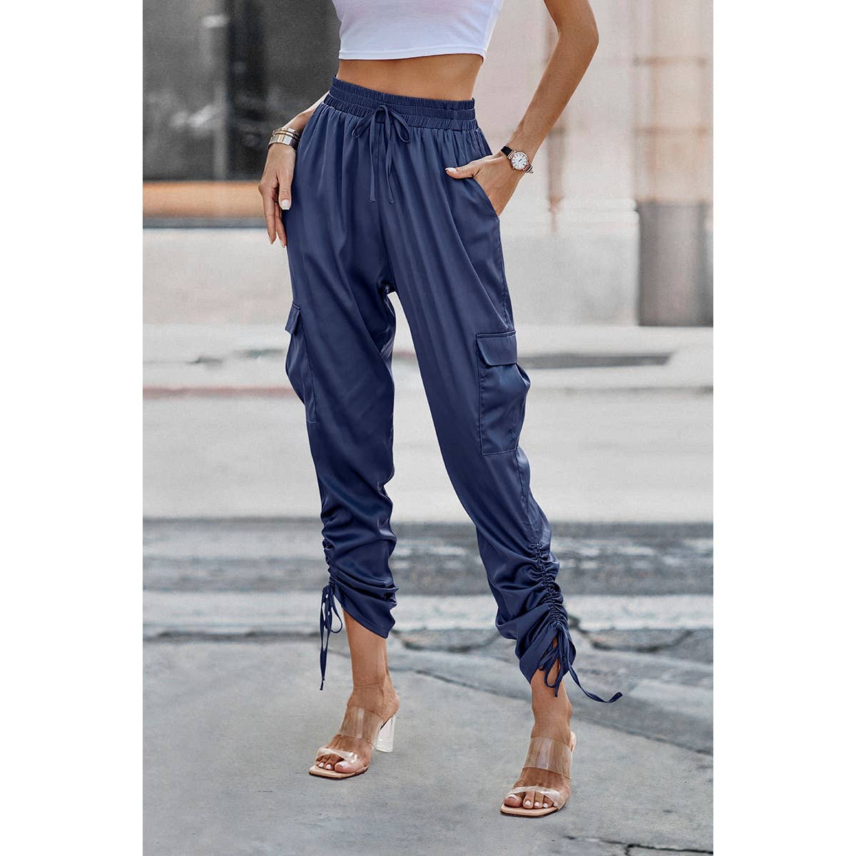 Supreme Fashion - Wholesale Pants - Women's - Solid Drawstring Hem Flap Pocket Side Stacked Pants7