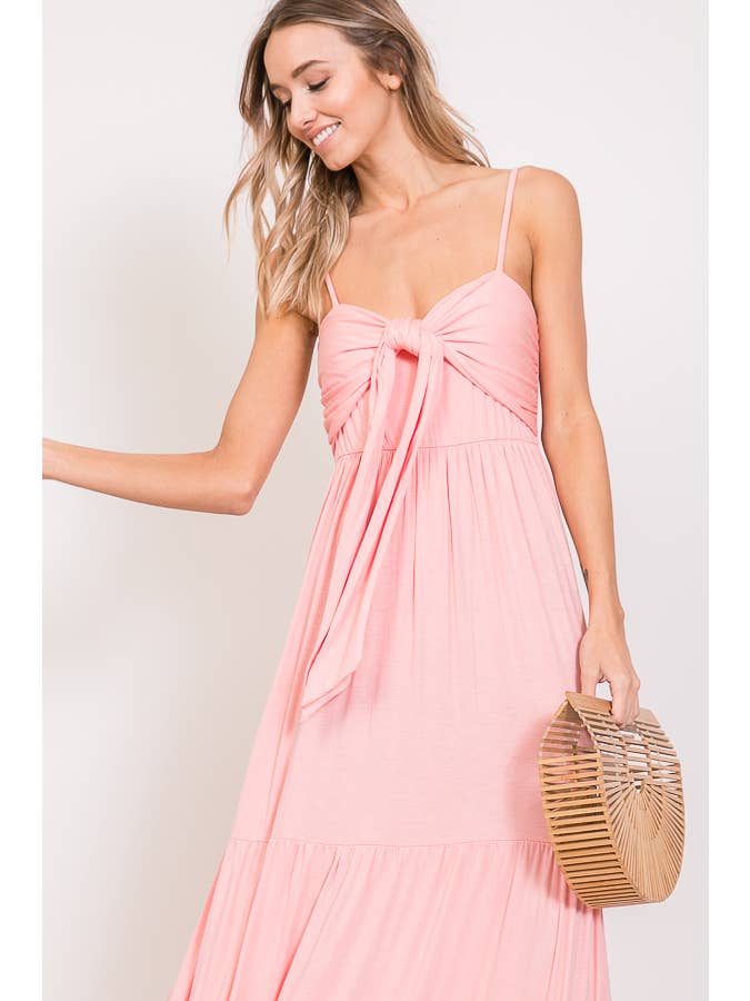 7th Ray - Wholesale Dress - Women's - Casual Front Tie Knot Spaghetti Strap Tiered Maxi DressD2307