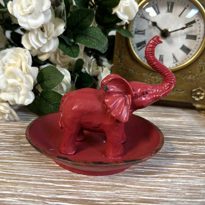 Vagabond Vintage – wholesale Jewellery dish – Pewter Elephant Ring Dish in Red