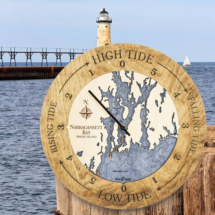 Narragansett Bay Tide Clock Nautical Wood Map - 2 Sizes for wholesale by Sea & Soul Nautical Chart Art