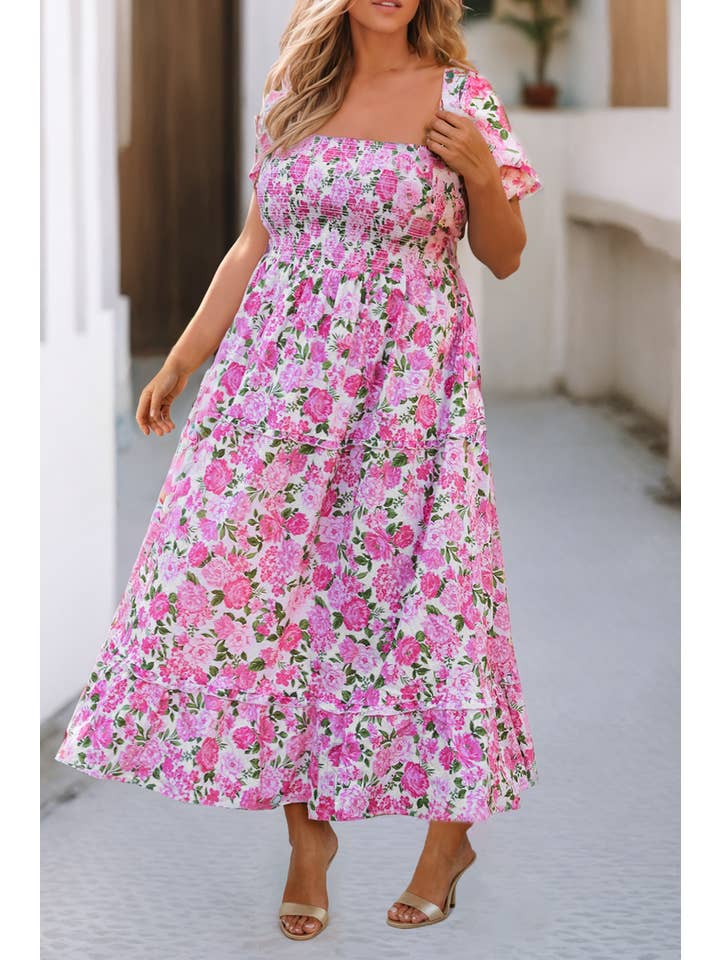 Pink LDC Plus Size Floral Print Smocked Puff Sleeve Dress for wholesale on Faire