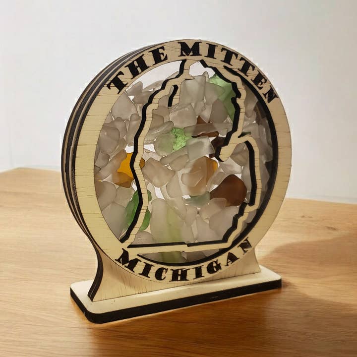 Présentoir de verre de mer rond Michigan The Mitten, moyen pour la vente par Sea Glass Displays