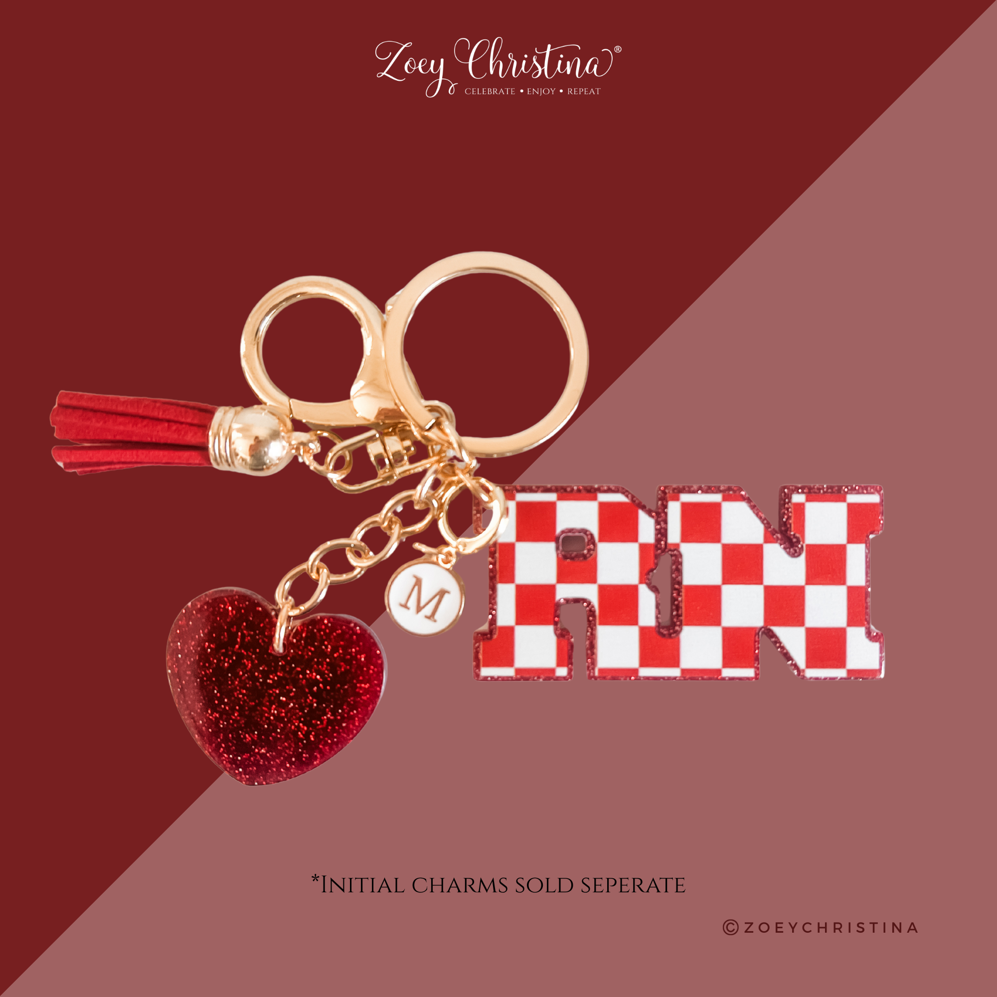 Zoey Christina - Wholesale Keychain - Women's - RN Keychain – Checkerboard Letter Charm with Tassel & Heart8