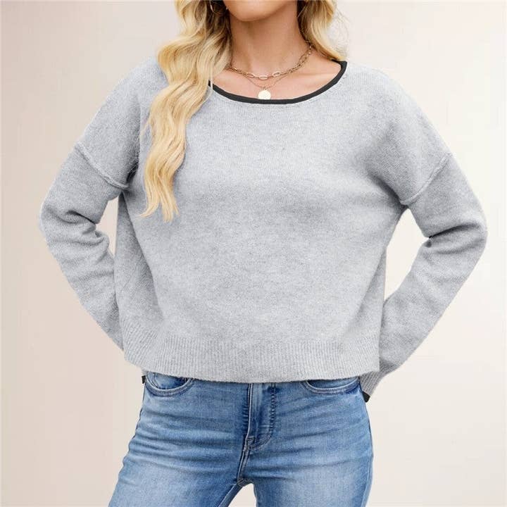 Round Neck Color Block Loose Fit Pullover Sweater for wholesale by Sheer Trend
