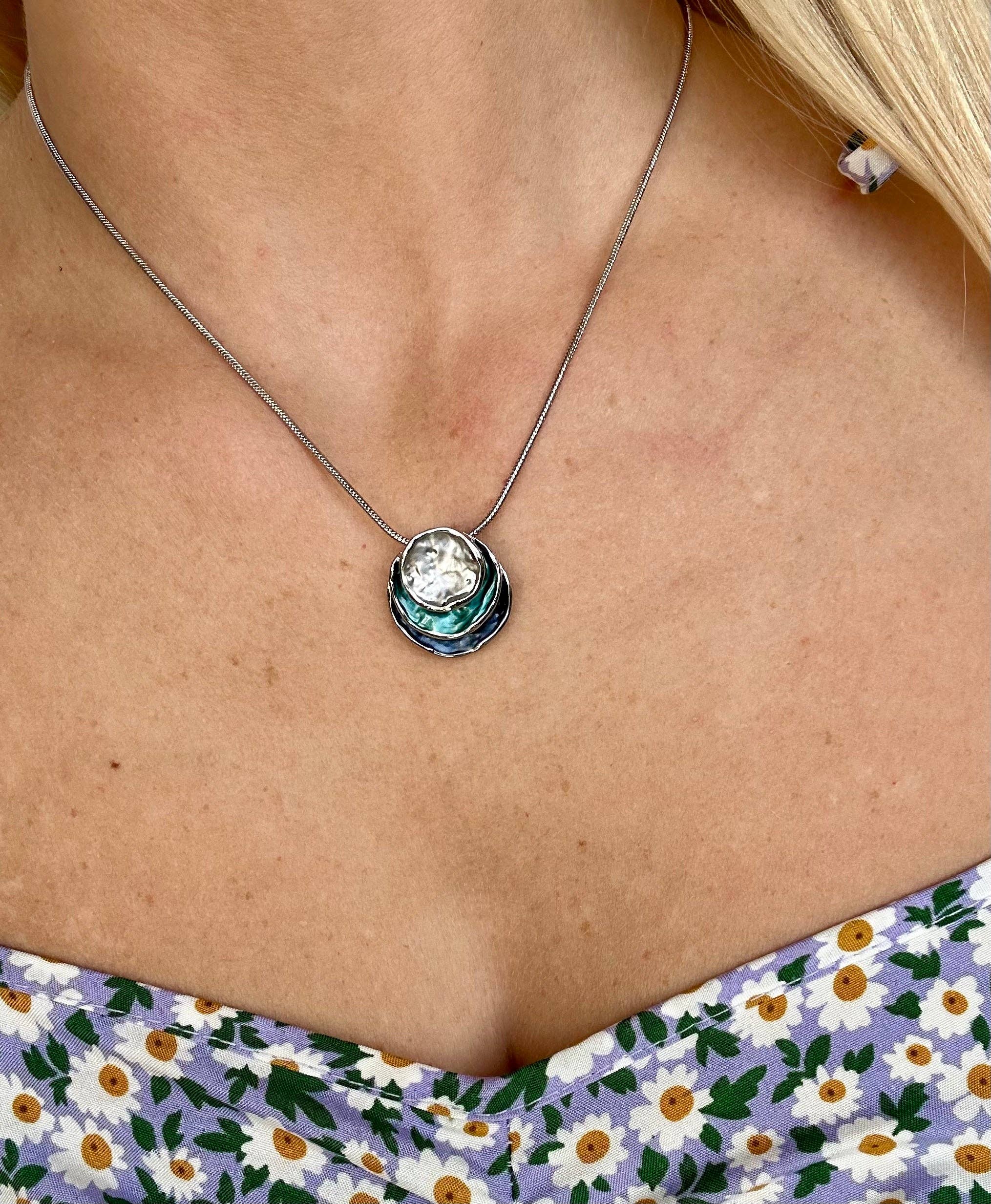 Offshore Surf Co - Wholesale Pendant/Charm Necklace - Three Stacked Potato Chip Blue Pastel Pearl Necklace3