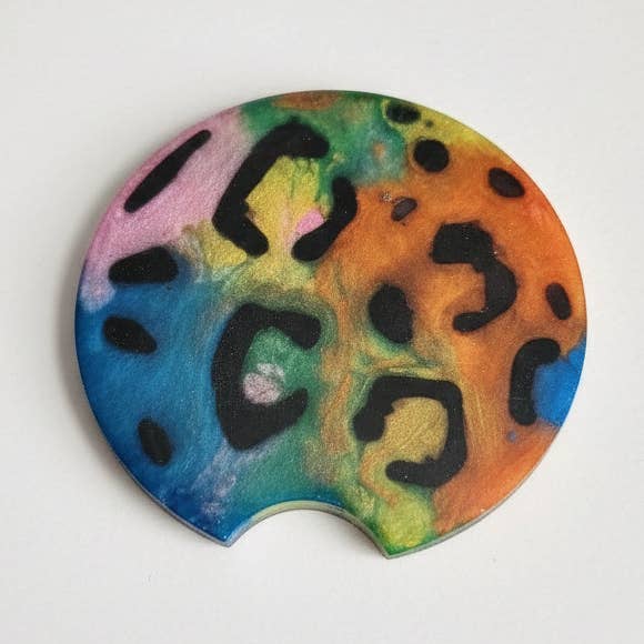 Car coaster- rainbow cheetah print for wholesale by Blue Bourbon Designs