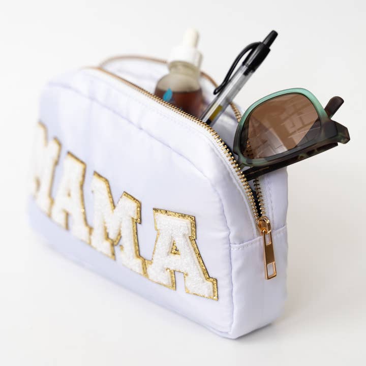 Natalia - Wholesale Pouch - Women's - Preppy White Nylon Glitter Chenille Letter Patch Bag - MAMA