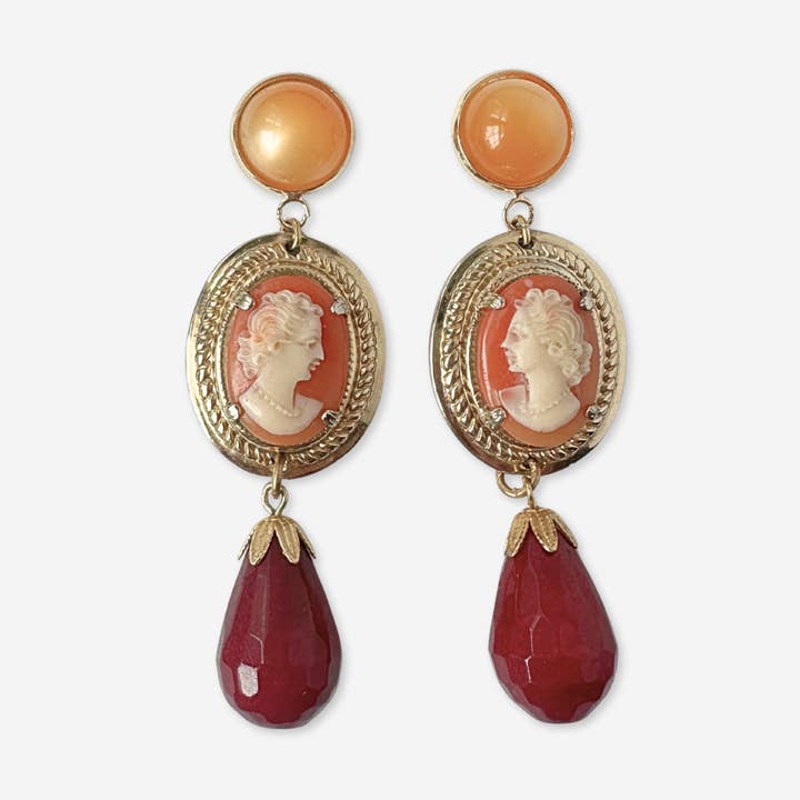 Large refashioned vintage coral cameo earrings with burgundy stone drops for wholesale by Lulu’s Petals