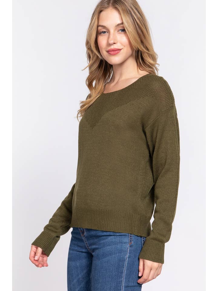 Active Basic | Active USA - Wholesale Knit Sweater - Women's - Long Slv Round Neck Waffle Detail Sweater