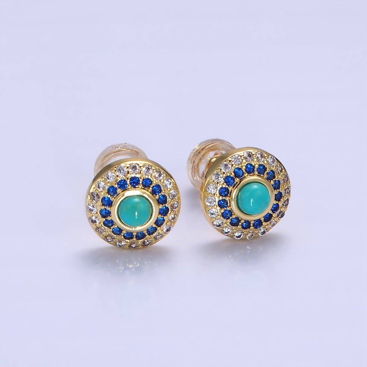 Aim Eternal - Wholesale Stud/Post Earrings - 14K Gold Filled Turquoise Gemstone Micro Paved CZ Round Stud | P473