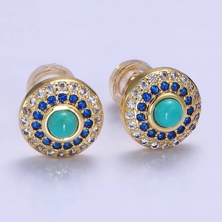 Aim Eternal - Wholesale Stud/Post Earrings - 14K Gold Filled Turquoise Gemstone Micro Paved CZ Round Stud | P4730