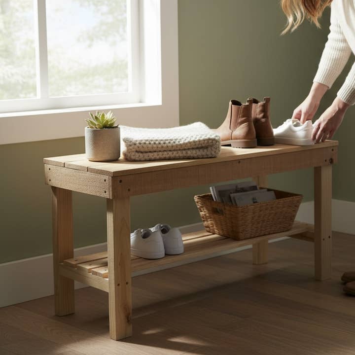 Farmhouse Rustic 1-Shelf Entryway Bench for wholesale by Intrinsic Haven