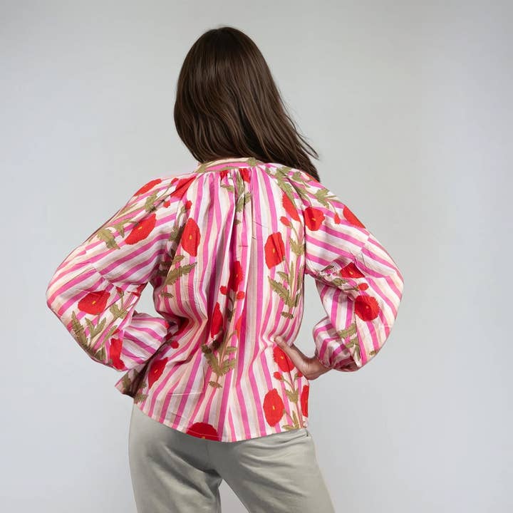 NO-B - Wholesale Blouse - Women's - Bohemian Blouse with Floral and Stripe Patterns | Akola-12