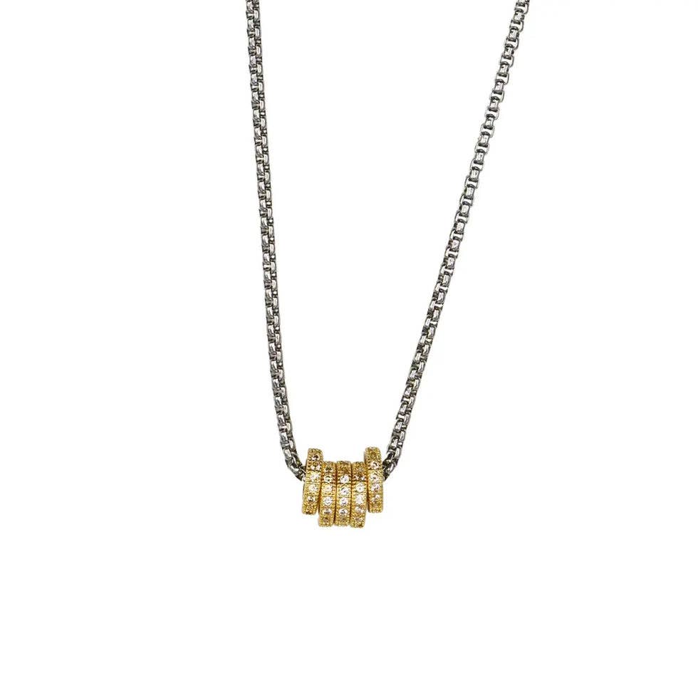 HoopLa - Vente Collier maille et chaîne - Collier à 5 anneaux en acier inoxydable, bicolore 14 carats et zircone cubique 1