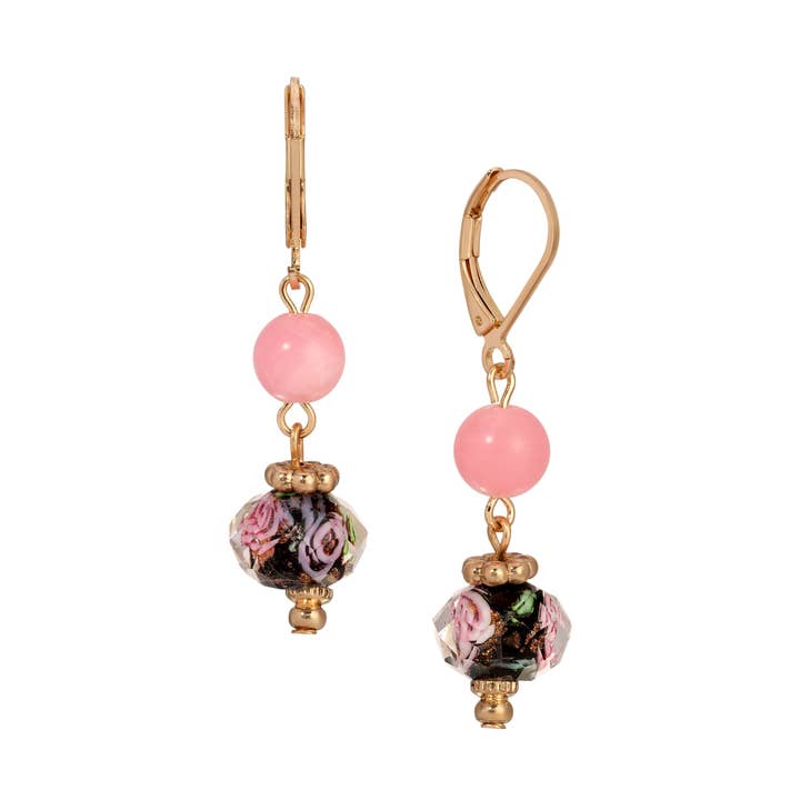 1928 Jewelry Rose Quartz Black Floral Bead Dangling Earrings for wholesale by 1928 Jewelry