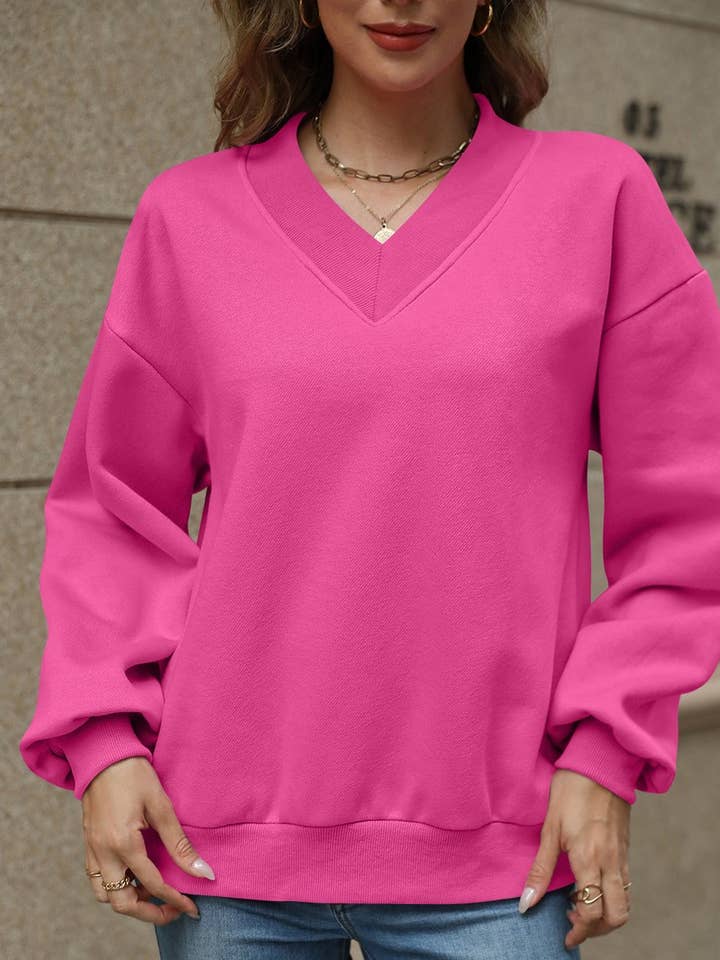 NINEXIS - Wholesale Blouse - Women's - CWTBLL4011_SOLID V-NECK FLEECE LINED LOOSE FIT SWEATSHIRT18
