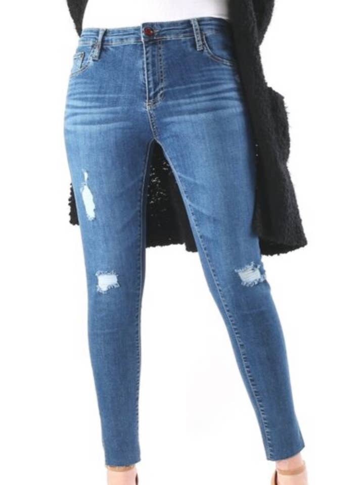 Distressed skinny jean with ankle slits ~ THE CARISA/blue for wholesale by Amarisa