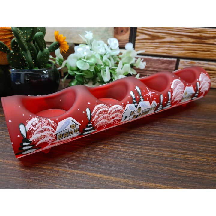 Glass by Iness - Wholesale Candle Holder - Red Glass Candle Holder, Centerpiece Style, Quadruple Holder