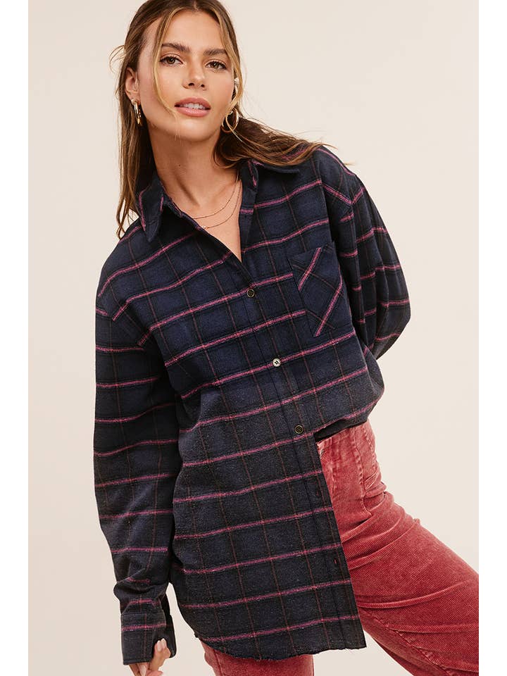 La Miel - Wholesale Buttoned-down shirt – Women's - SRT1329-Loose Fit Button Down Two-Tone Washed Plaid Shirts18