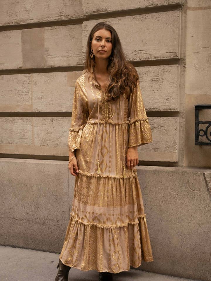 Green Long upstairs dress, with gold geometric print pattern for wholesale on Faire