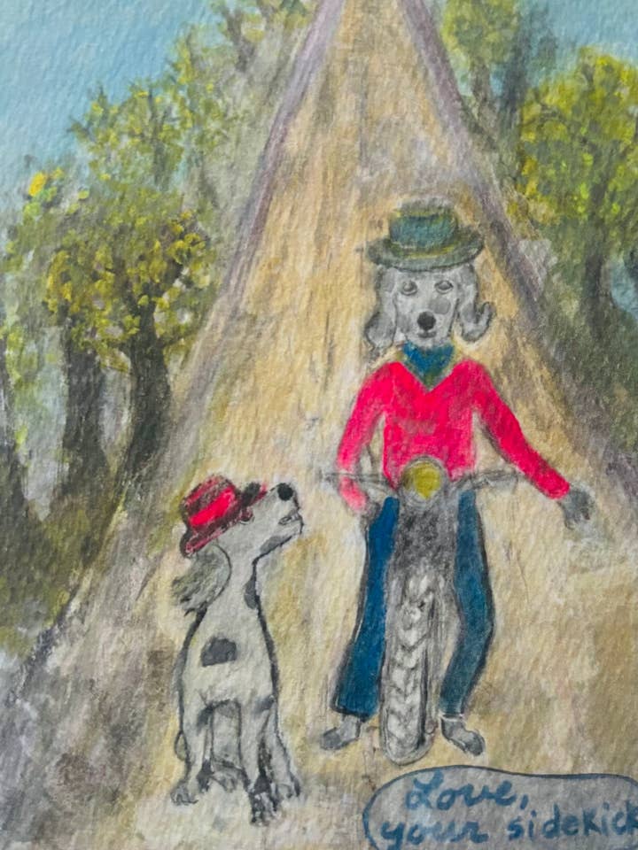 Love Your Sidekick dog greeting card friends on path in hats for wholesale by Bernie Street Studios