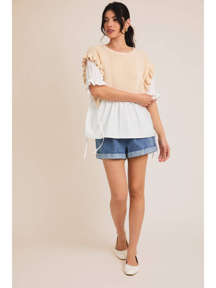 WHITE BUTTER ROUND NECK PUFF HALF SLEEVE KNIT+ WOVEN MIX TOP for wholesale on Faire