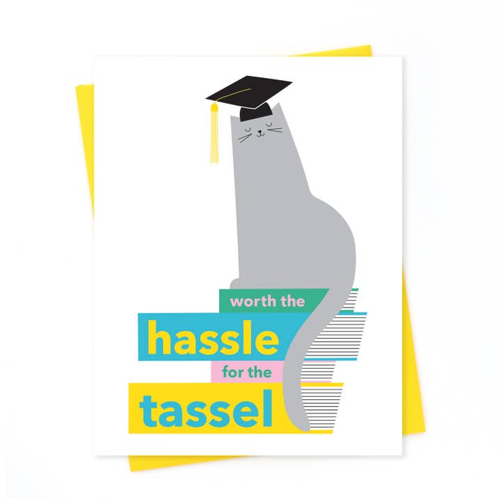 Hassle for the Tassel Graduation Card Gray Cat on Books A2 for wholesale by Klinger Creative