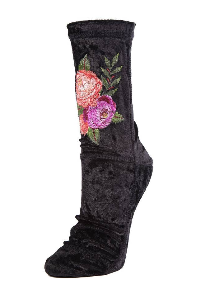 Black MeMoi Floral Crushed Velvet Socks for wholesale on Faire