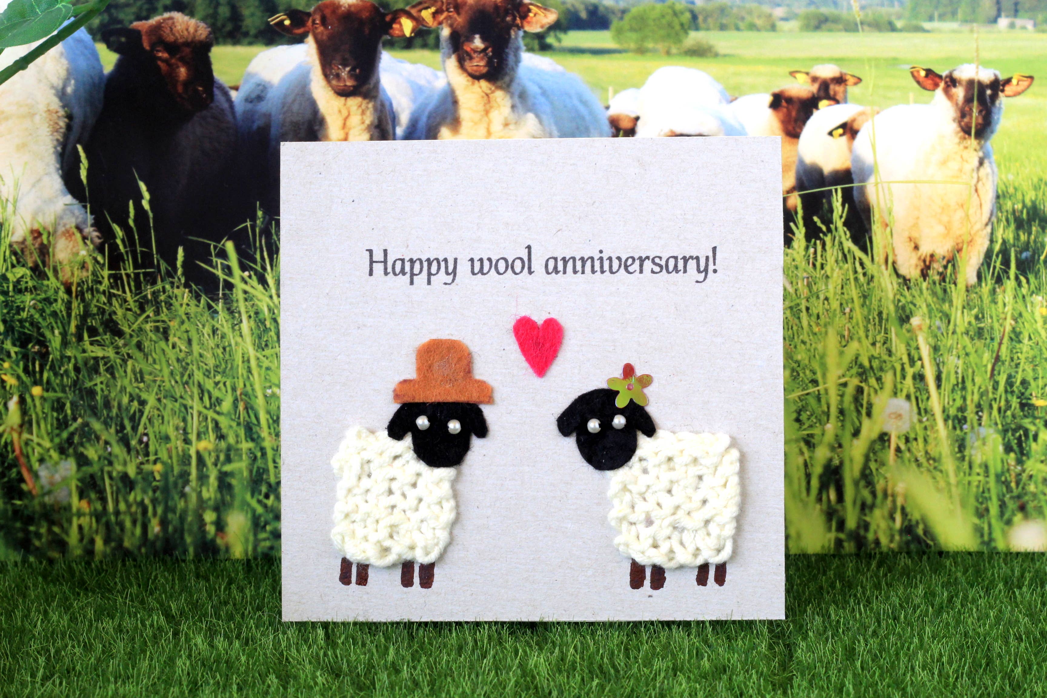 Lenasminiland - Wholesale Anniversary Card - Happy wool anniversary knitted sheep cards, handmade ewe gif10