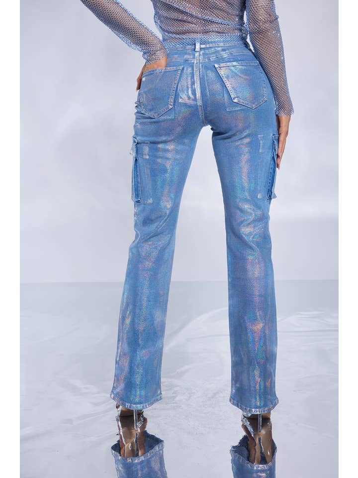 Medium Wash Multi Colored Foil Cargo Denim Stretch Jeans for wholesale on Faire1