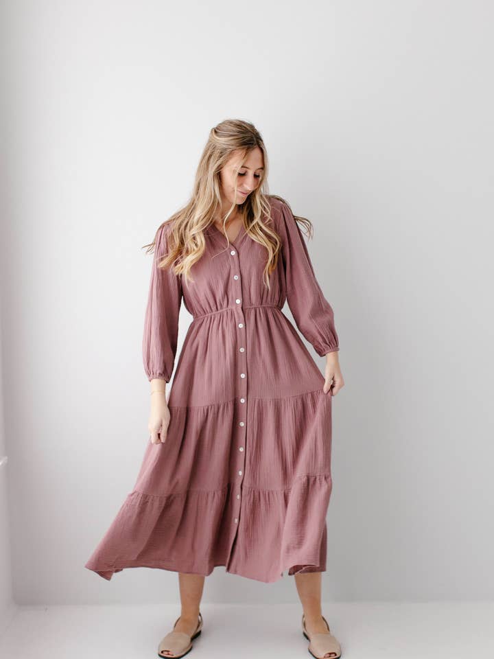 Dusty Mauve 'Louisa' Button Down Tiered Cotton Gauze Midi Dress for wholesale on Faire4
