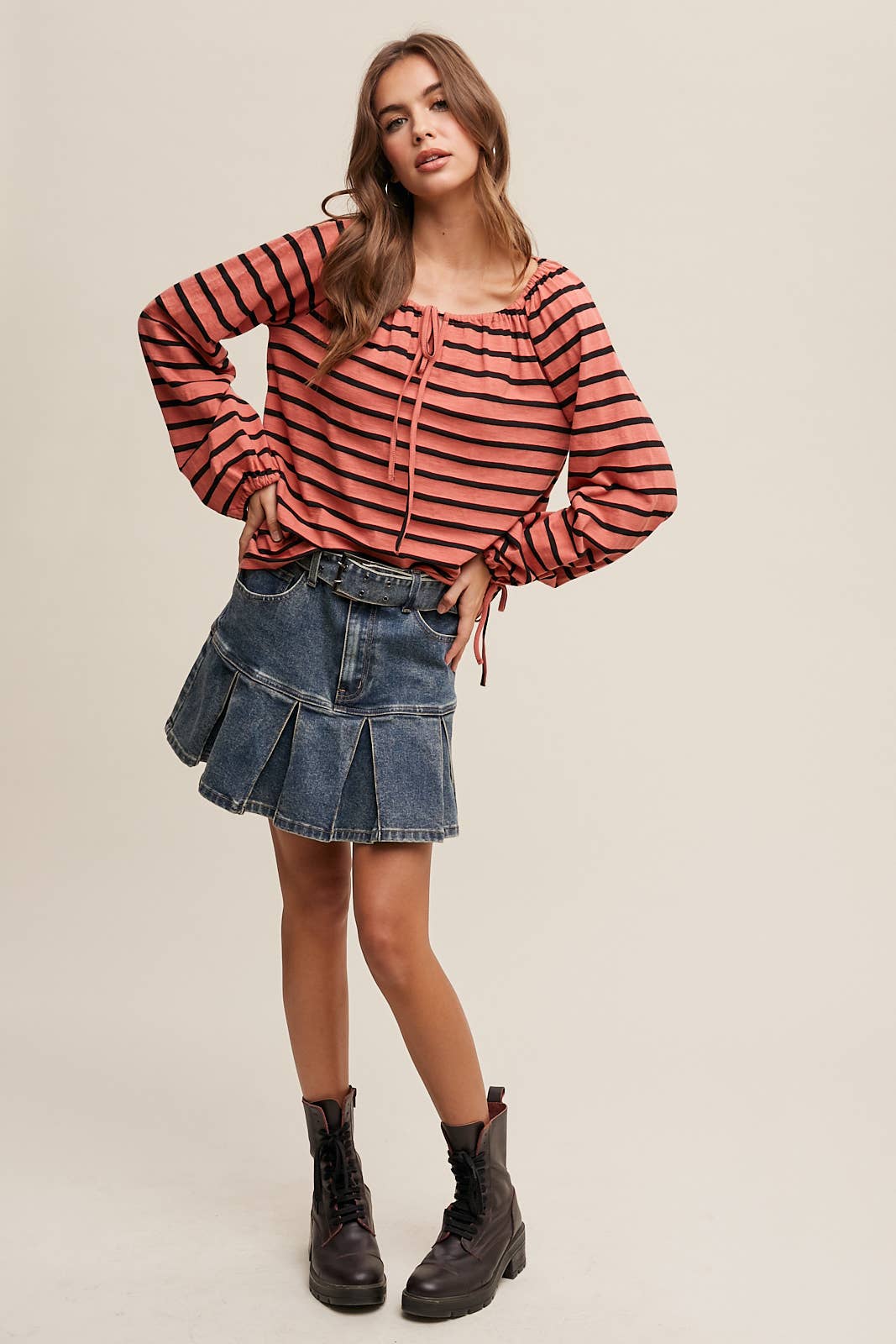 Koraal Gestreepte Blouse met Striksluiting en Boho Stijl LT0936 voor groothandel op Faire9