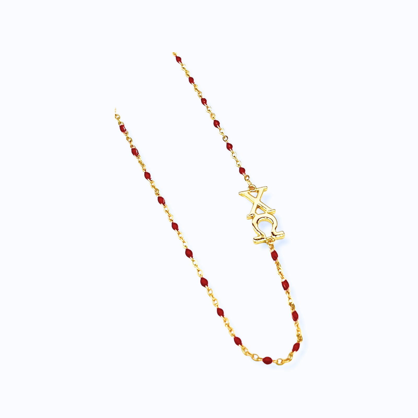 Rosso La collana Chi Omega: collana con perline smaltate Ω con set laterale in vendita all'ingrosso su Faire3