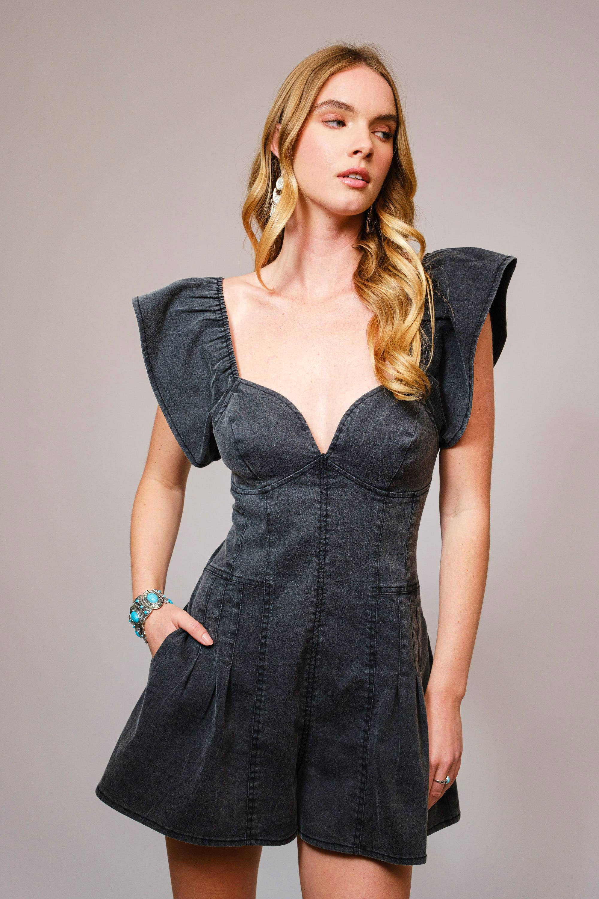 Blue B - Wholesale Romper - Women's - 52112R - Sweetheart Ruffle Sleeve Denim Romper8