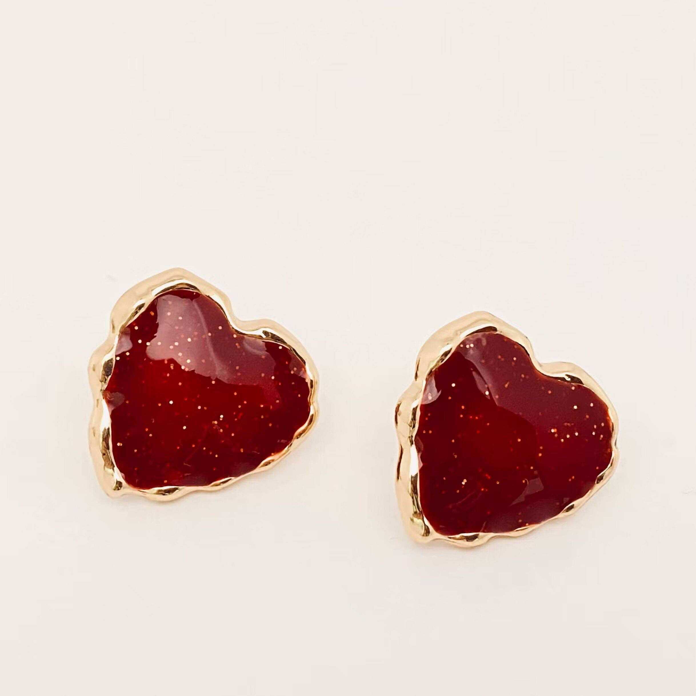 Mio Queena - Wholesale Stud/Post Earrings - Simple Red Enamel Heart-shaped Ear Stud1