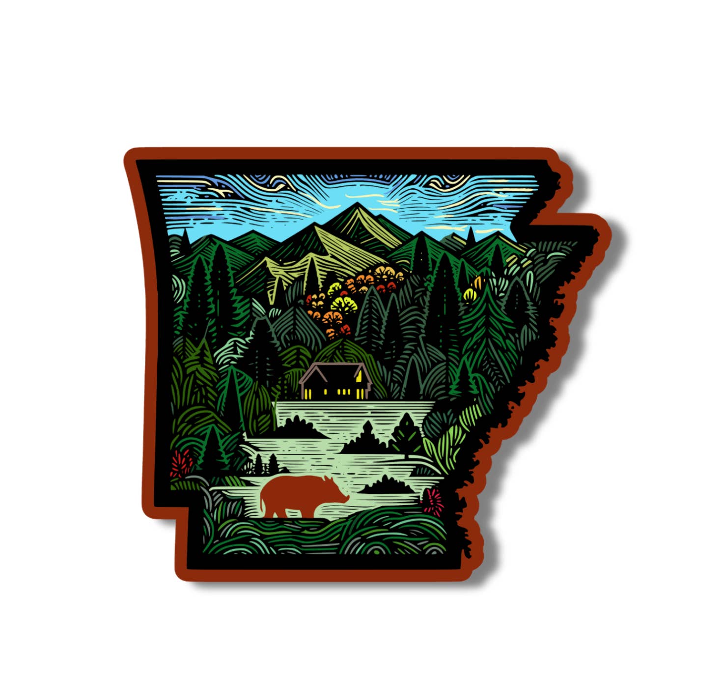 National Parks and Beyond - Wholesale Sticker - Cabin In The Arkansas Ozark Mountians State 3" Vinyl Sticker