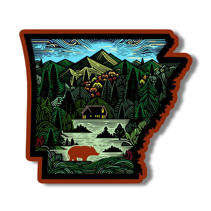 National Parks and Beyond - Wholesale Sticker - Cabin In The Arkansas Ozark Mountians State 3" Vinyl Sticker0