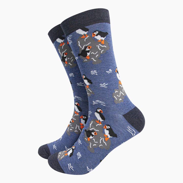 Sock Talk - Wholesale Socks - Men's - Men's Bamboo Socks - Denim Blue, Puffins On Rocks