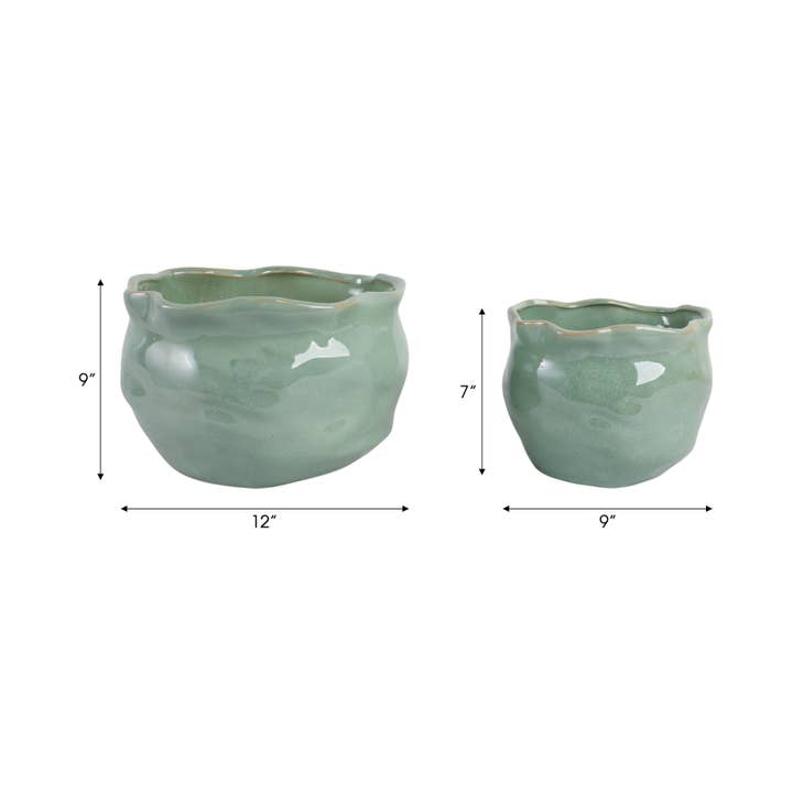 Sagebrook Home - Wholesale Plant Pot - 9/12 in. Sage Green Wavy Edge Round Planters (Set of 2)