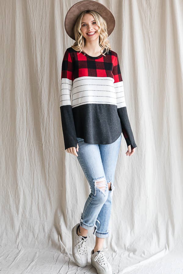 7th Ray - Wholesale Knit Top - Women's - Cozy Color Block Plaid Striped Thumbhole Pullover TopT4423-118