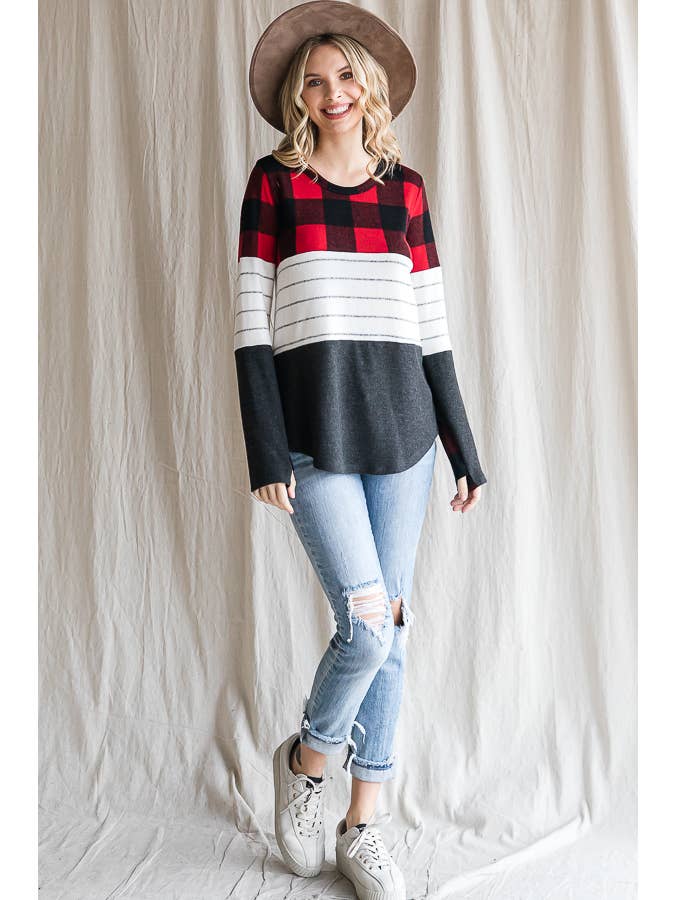 7th Ray - Wholesale Knit Top - Women's - Cozy Color Block Plaid Striped Thumbhole Pullover TopT4423-118