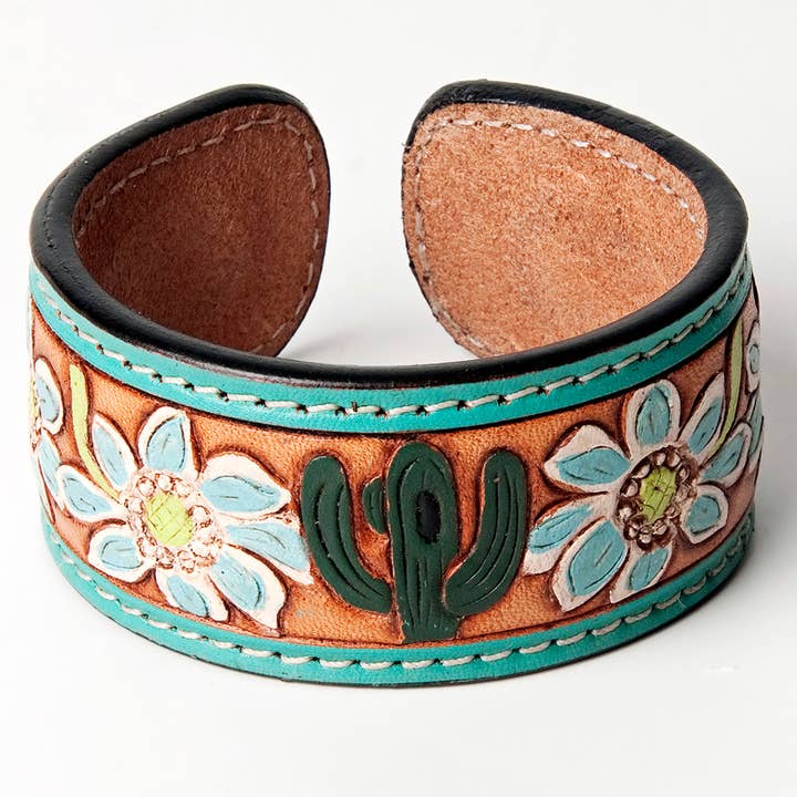 LS Western - Wholesale Cuff Bracelet - LC-ADBRF158 Turquoise Cactus & Flower Hand Tooled Leather Cuff Bracelet - Western Boho Style